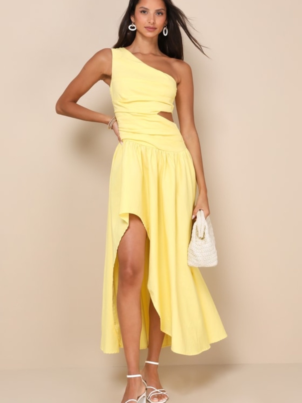 Lulus Sunny Persuasion Yellow Linen Cutout One-shoulder Midi Dress - Size L